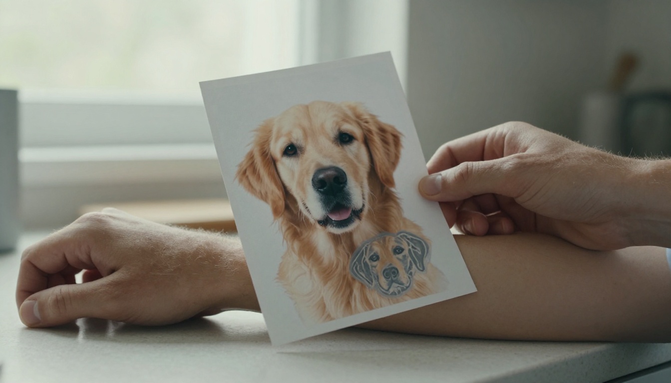 A man holds a printed photo of a golden retriever beside his forearm where a gray stencil of the dog's face is drawn