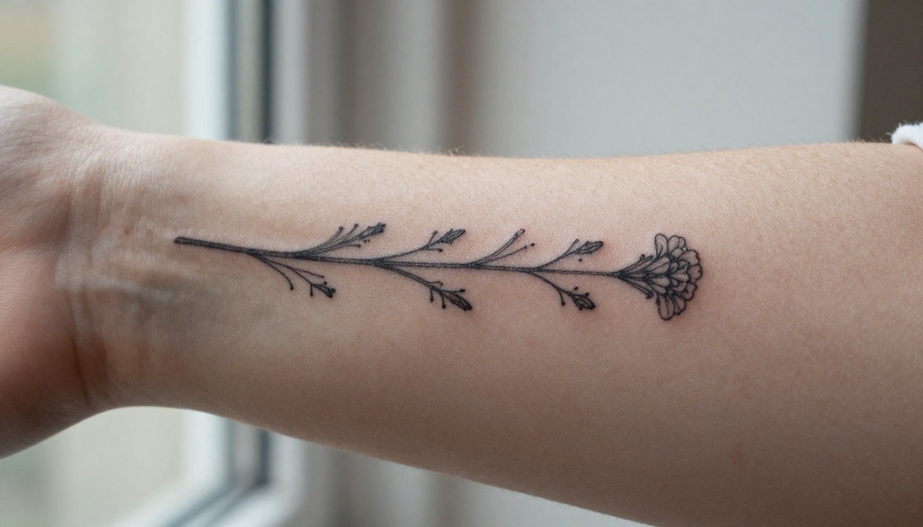 Macro close-up of a healed fine-line wildflower tattoo on the inner forearm of a woman