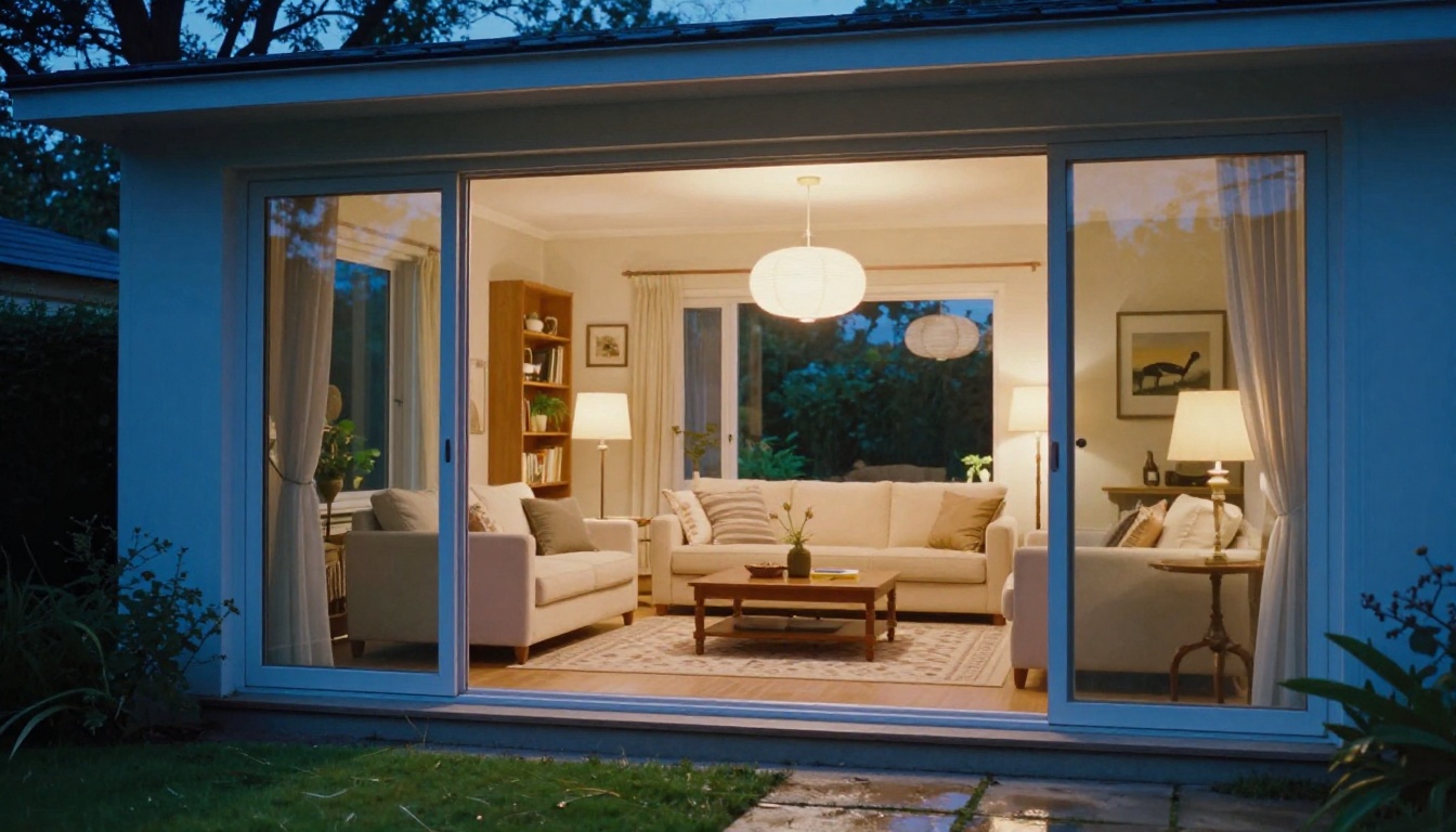Exterior twilight view through a large window into a warmly lit living room
