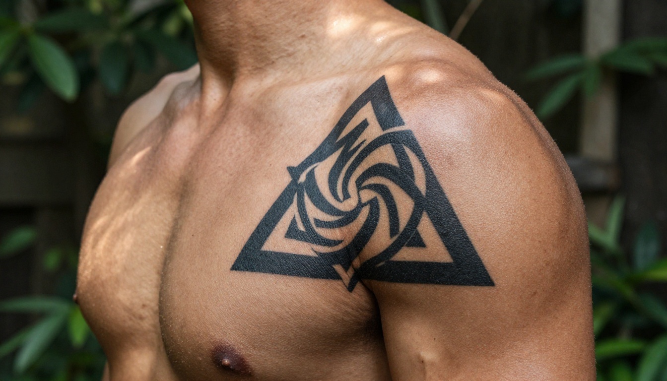 Low-angle view of a shoulder and upper arm with a bold blackwork geometric mandala tattoo
