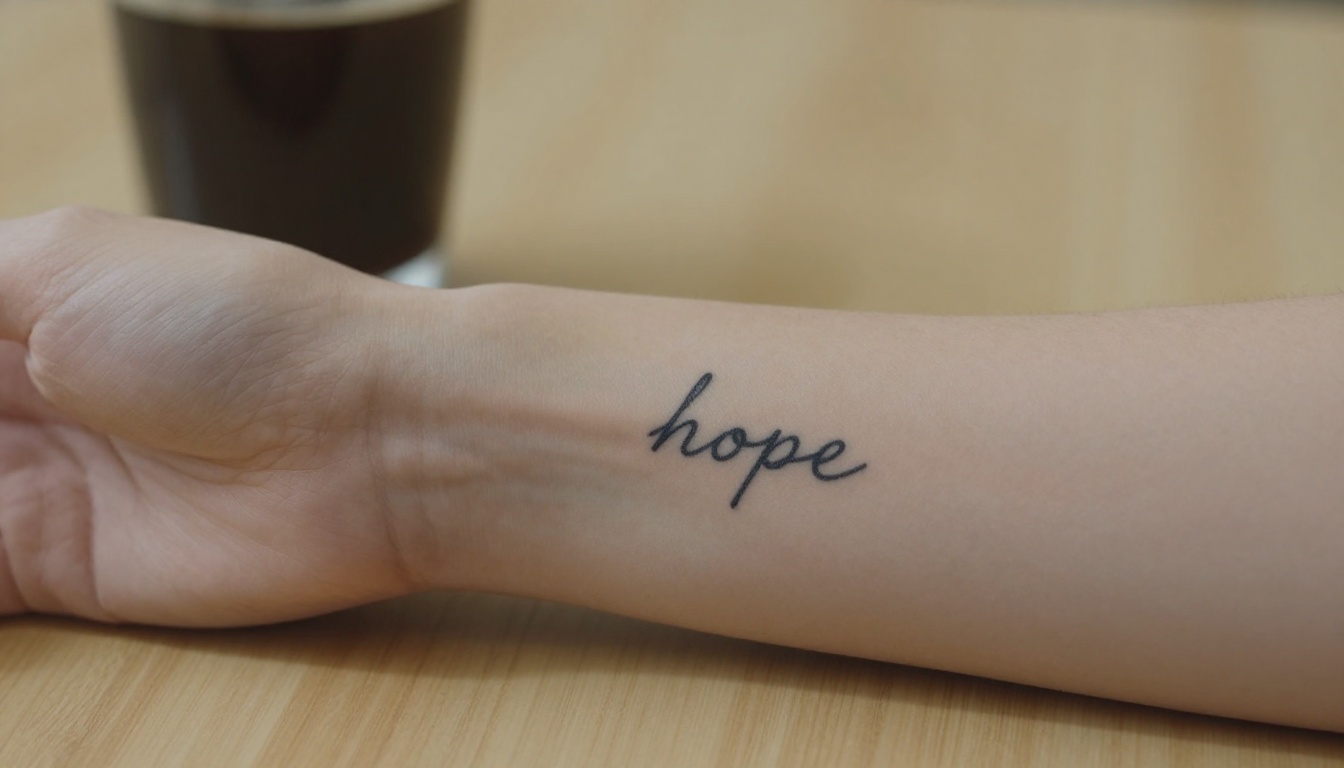 Close-up of a woman's inner wrist with a small script tattoo of a single word in thin black ink