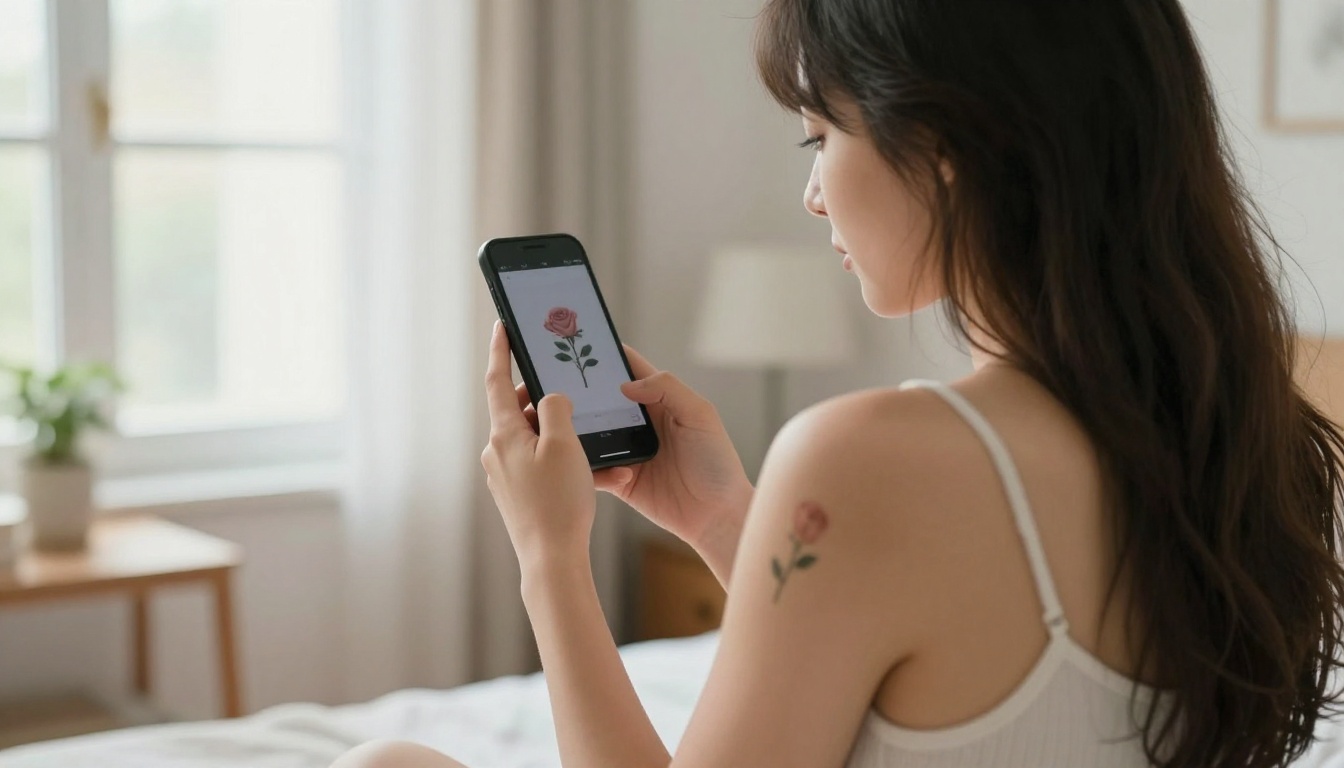 A young woman in a bright apartment holds her phone beside her bare upper arm to compare a tattoo preview