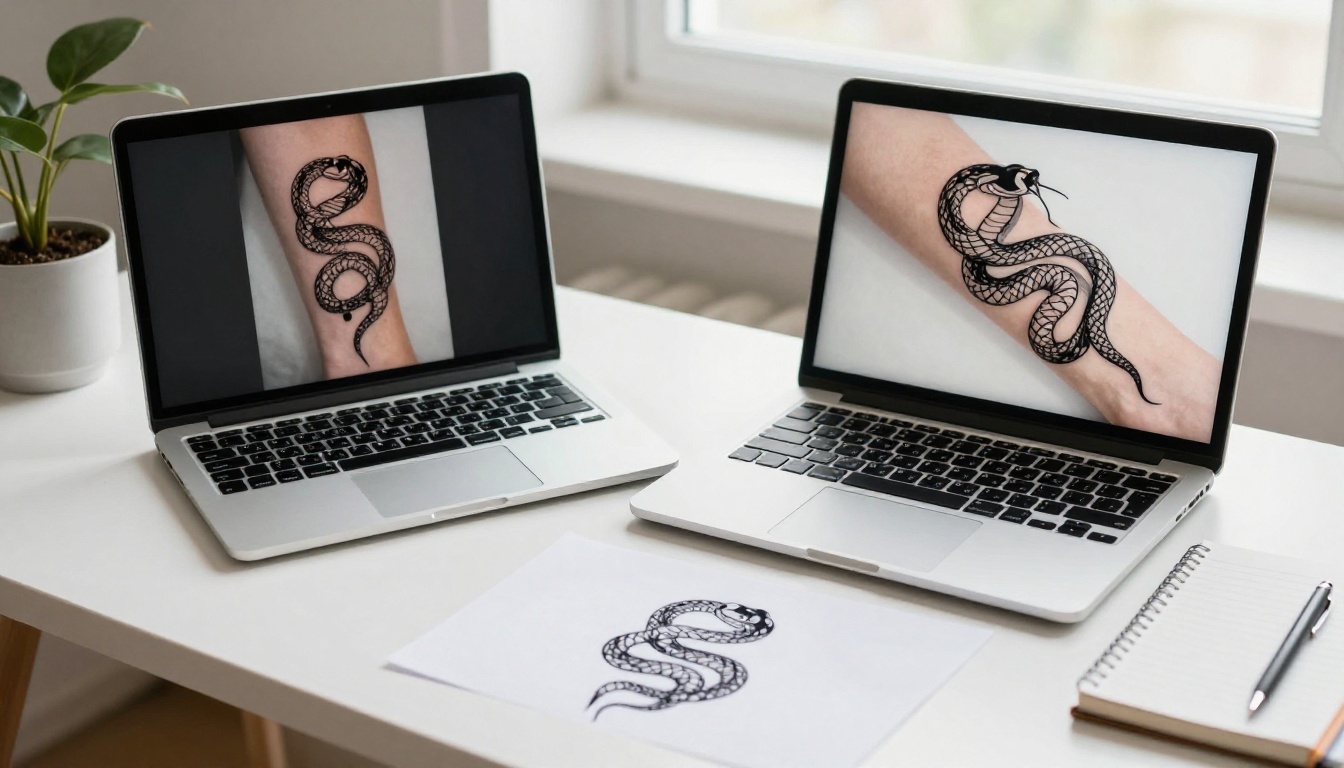 A laptop on a white desk showing a tattoo design preview of a serpent on a forearm photo, with a printed design and notebook beside it