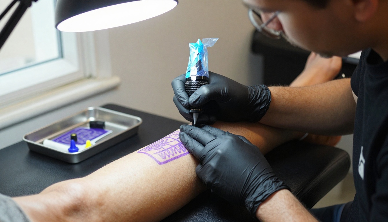 A tattoo artist in black gloves presses a purple stencil onto the calf of a seated client in a bright studio