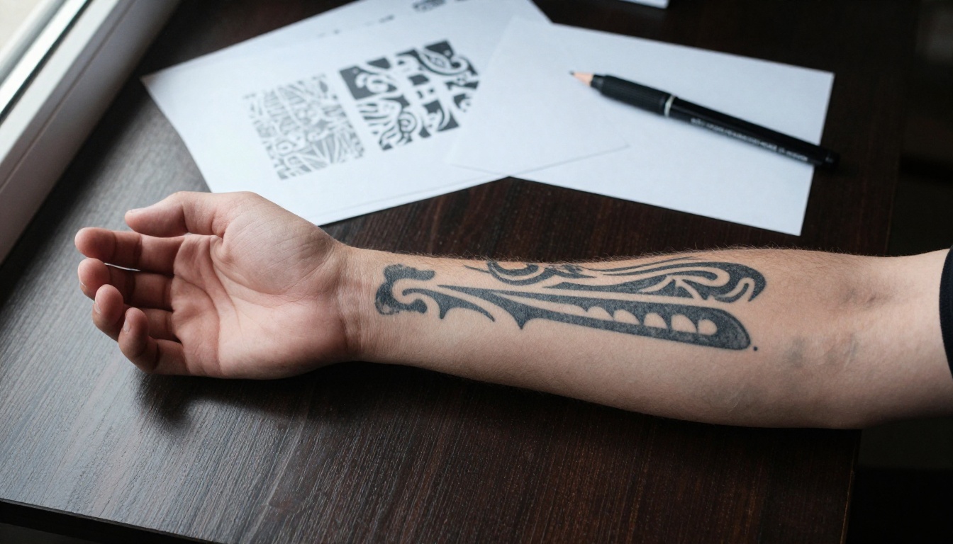 A forearm with an old faded black band tattoo resting on a studio table next to stencil paper and fine markers