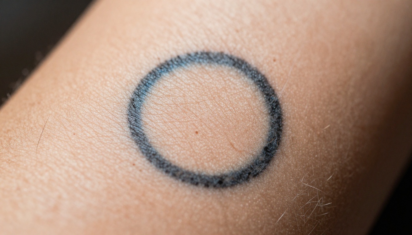 Extreme close-up of faded black tattoo lines with a bluish halo spreading into tanned skin