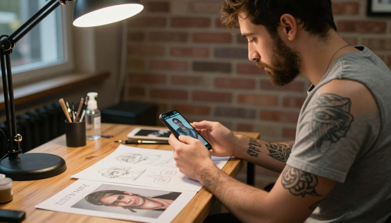 A client showing a smartphone photo of his shoulder tattoo to a tattoo artist across a desk piled with sketches