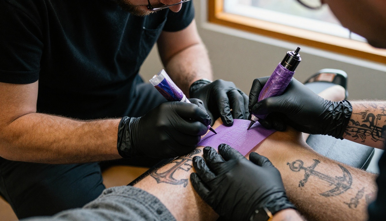 A tattoo artist kneeling beside a client pressing a purple stencil sheet onto a calf with an old anchor tattoo