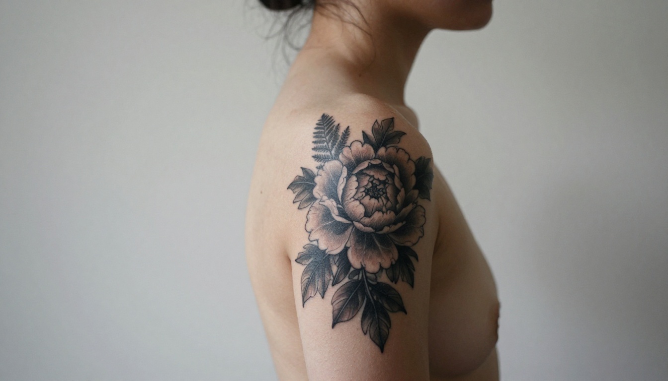 Side profile of a healed black and gray peony and fern tattoo on a woman's shoulder