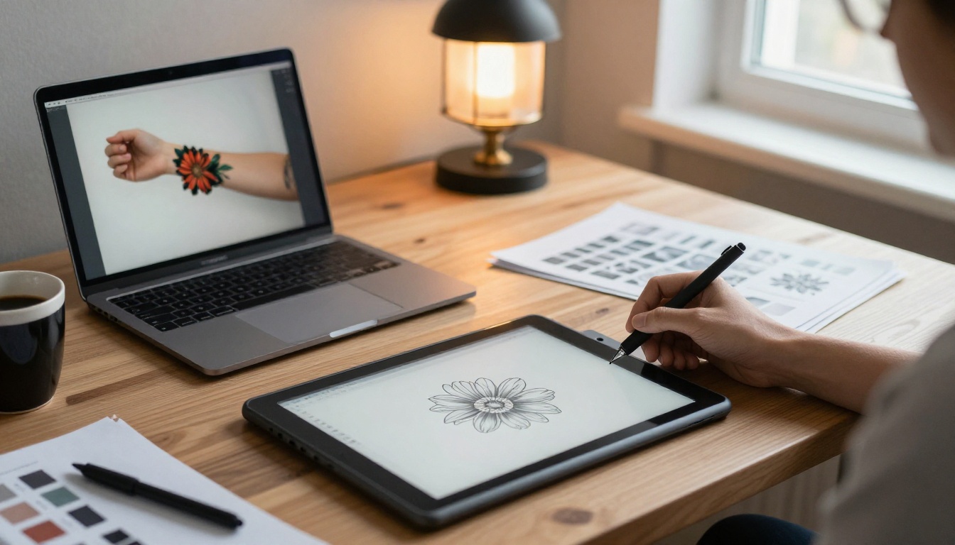 A designer's desk with a laptop showing a forearm photo with a floral design placed over it next to a drawing tablet and stylus