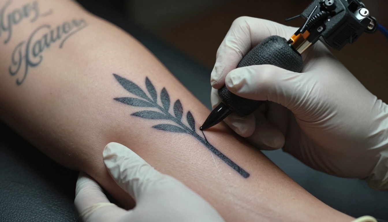 Close-up of a tattooer's gloved hand packing solid black ink into leaf shapes over an old faded script tattoo