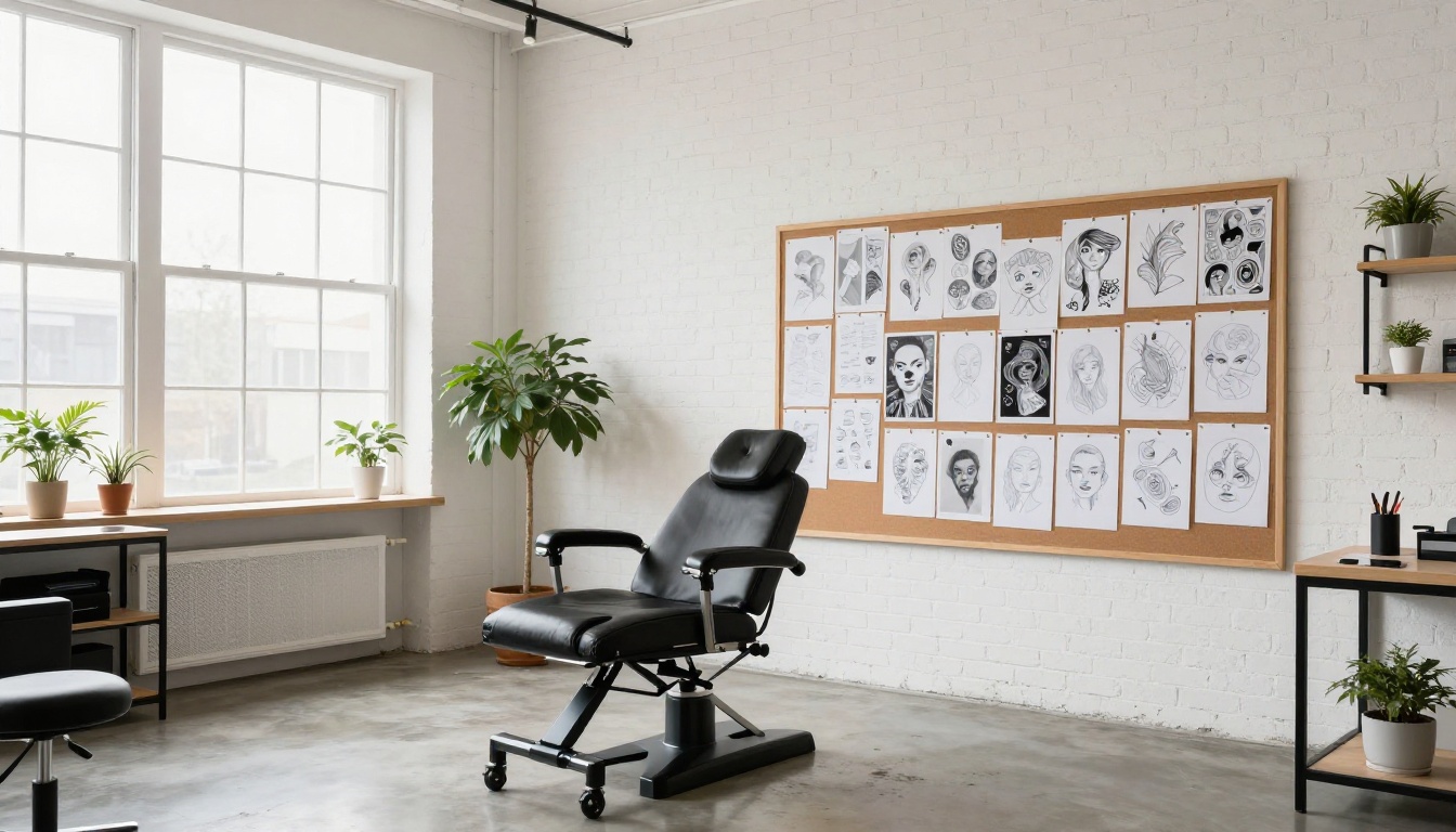 A bright tattoo studio with a corkboard filled with printed design mockups and pencil sketches