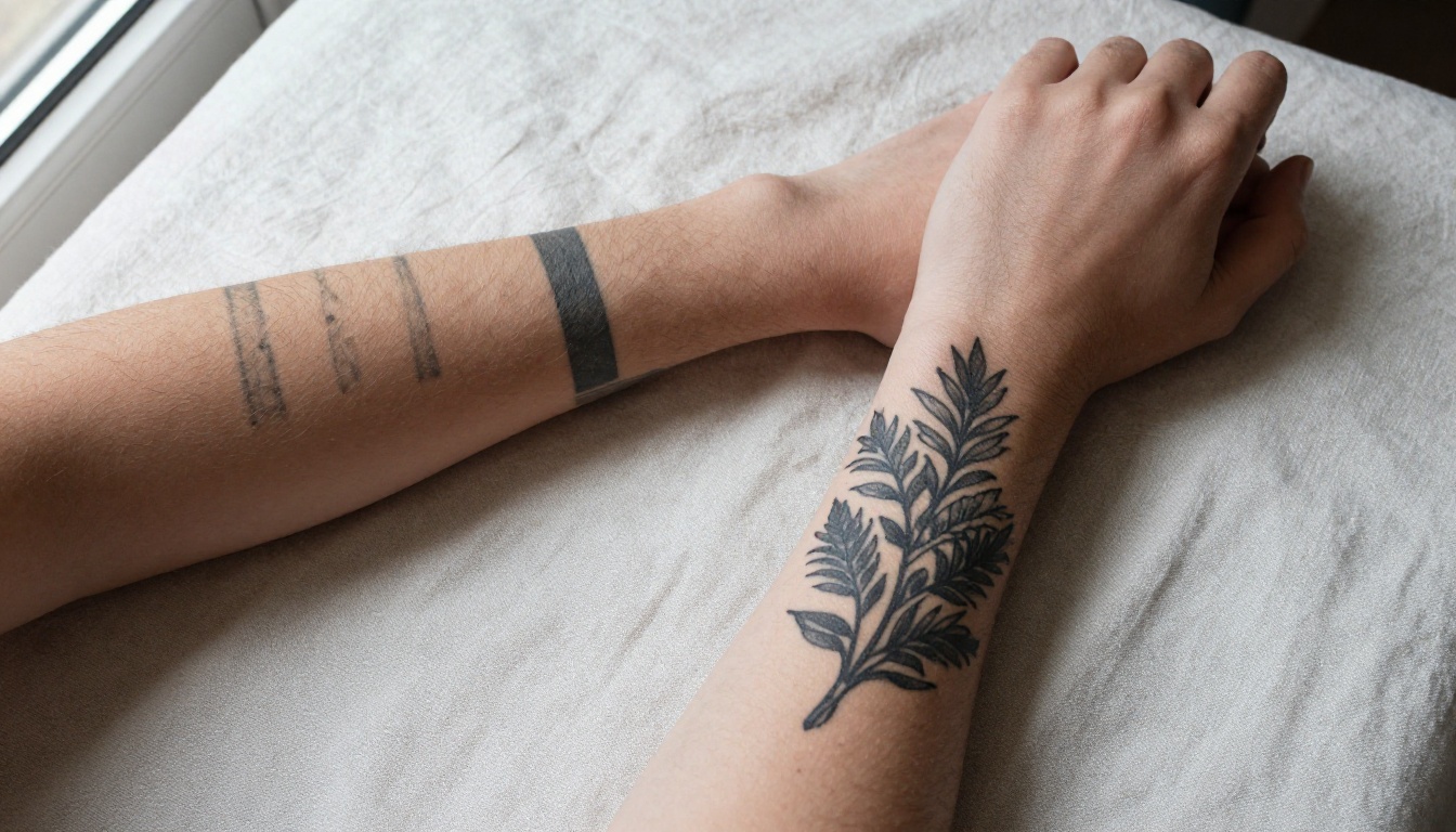 Two forearms side by side on linen, the left with a faded band tattoo and the right with a bold botanical redesign