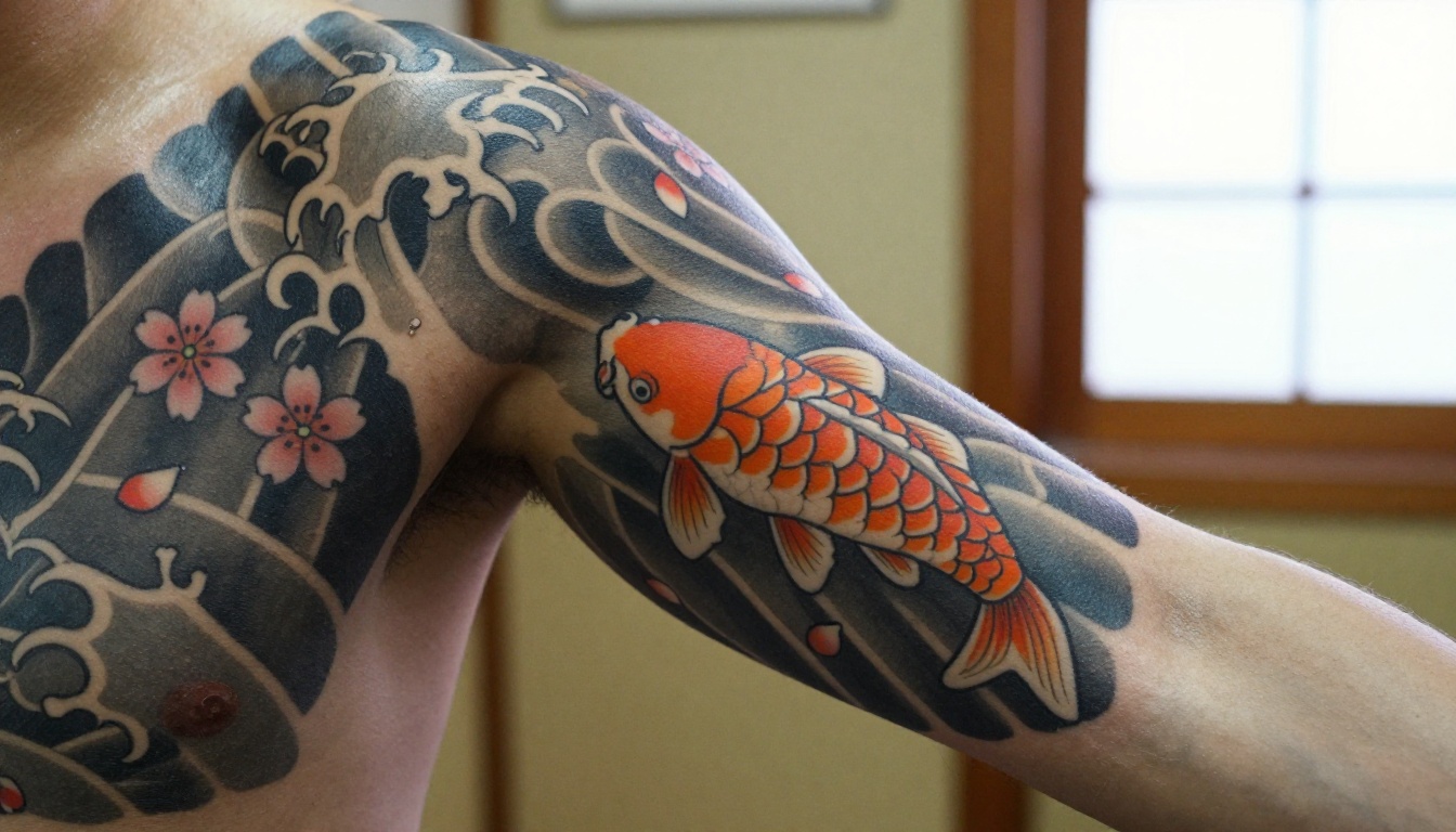 Low-angle close-up of an orange and white koi on a Japanese style tattoo sleeve with cherry blossoms