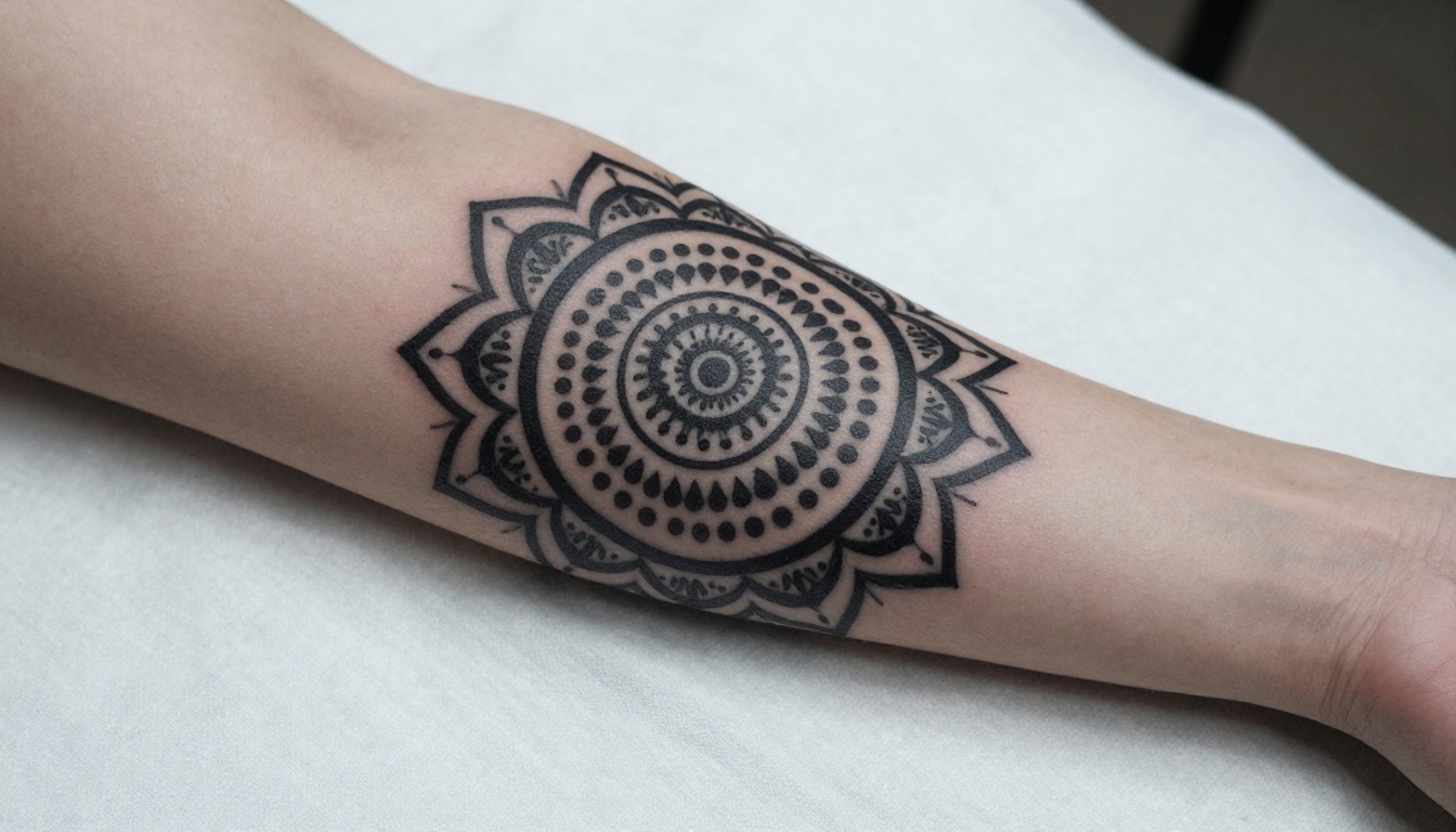 Top-down view of a shoulder and upper arm with a blackwork geometric mandala tattoo