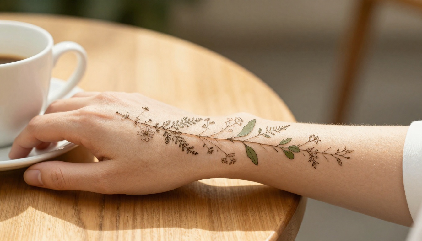 Woman's forearm with a delicate fine line botanical sleeve of ferns and wildflowers on a cafe table
