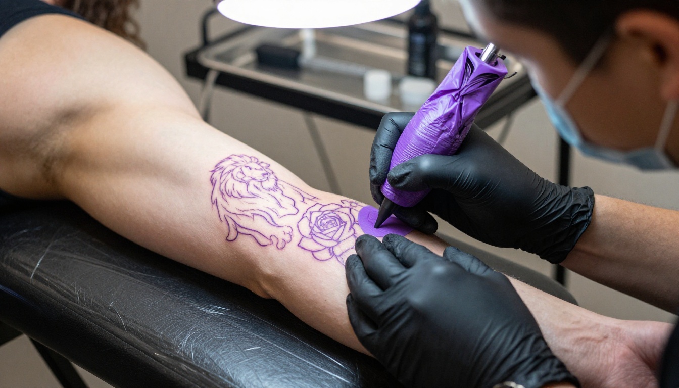 Tattoo artist pressing a purple stencil sheet with a lion and rose outline onto a client's upper arm