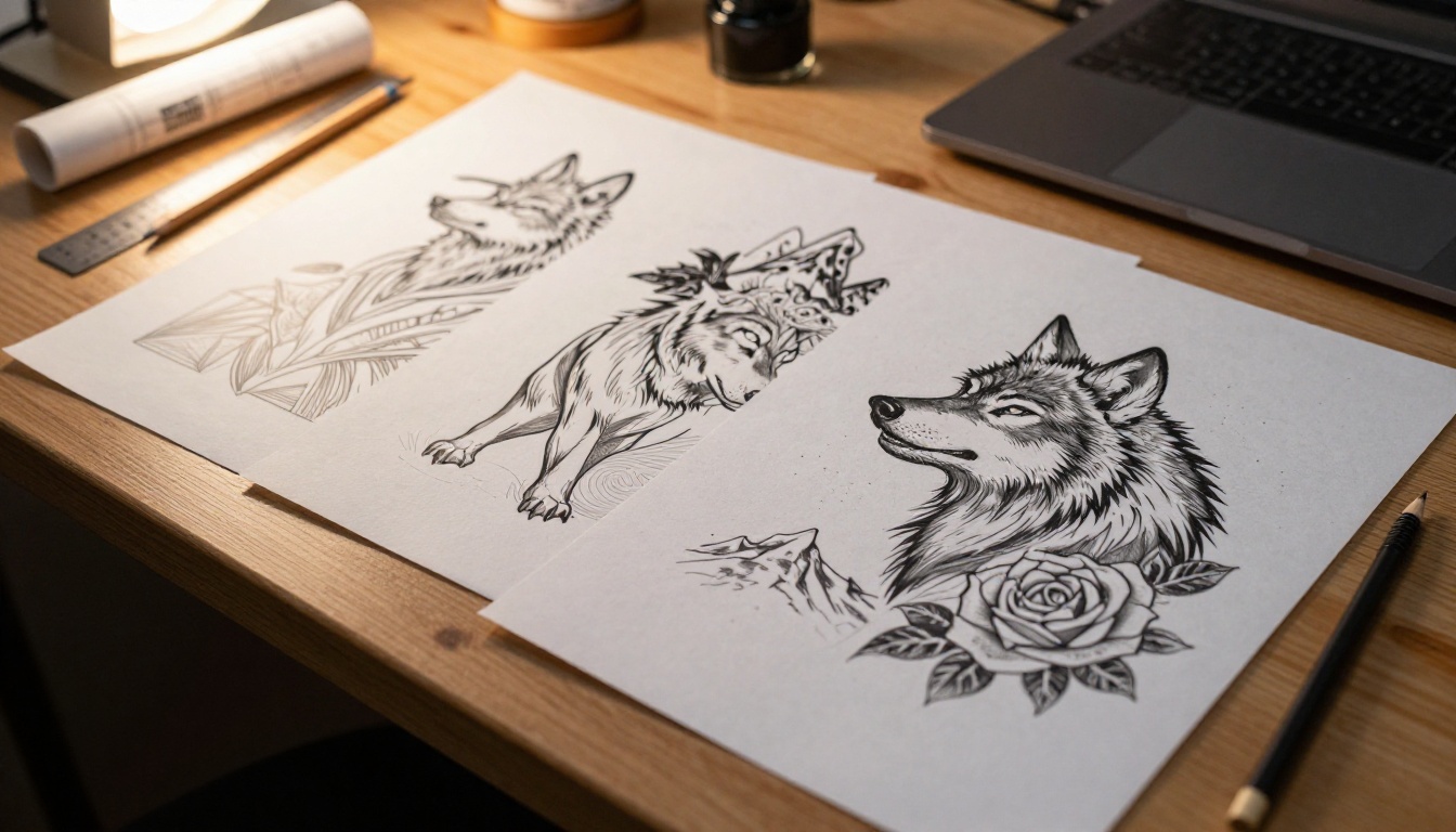 Printed sleeve design sheets fanned out on a tattoo artist's wooden desk with pencils and a ruler