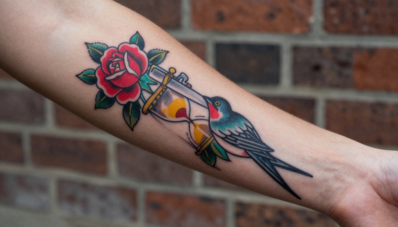 Forearm with a neo-traditional color sleeve of a red rose, silver dagger, hourglass and swallow