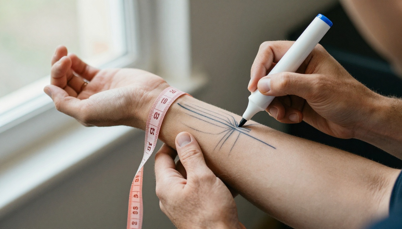 Artist marking placement lines and a measuring tape on a client's arm before tattooing
