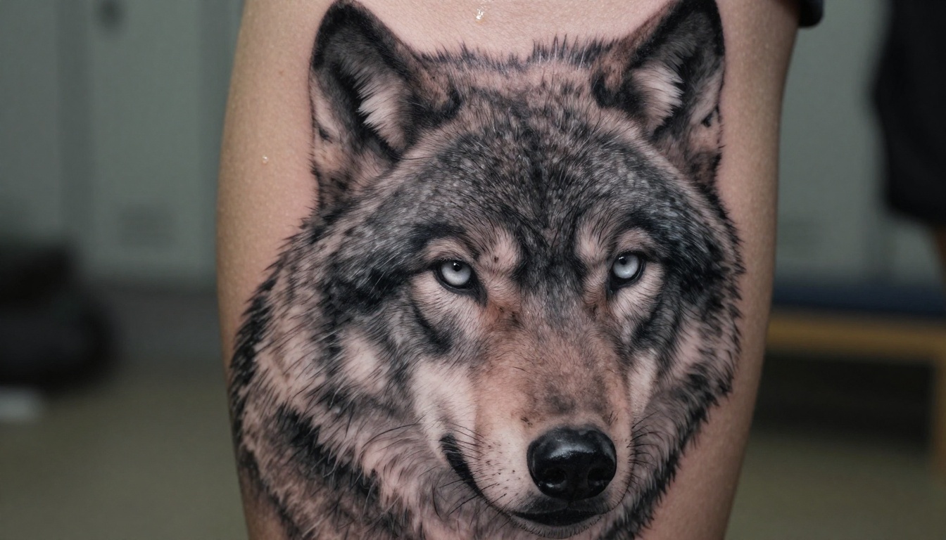 Extreme close-up of a black and grey realism wolf portrait on an upper arm with visible fur detail