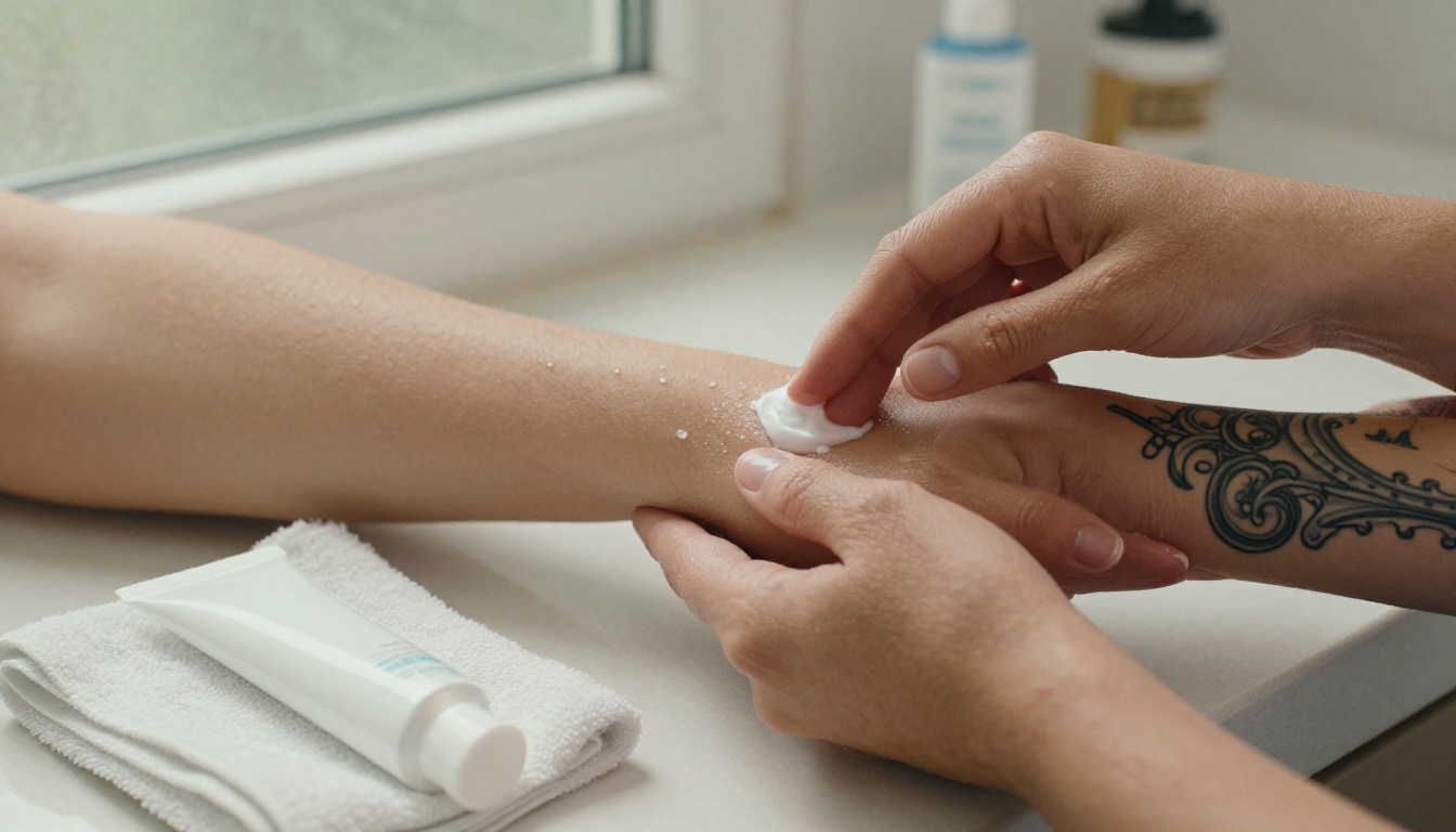 Hands smoothing fragrance-free lotion onto a healed black and grey ornamental tattoo sleeve