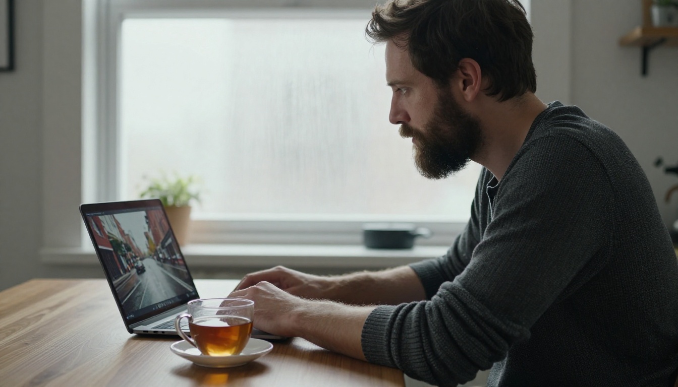 A man in a charcoal henley watching a short rainy street clip on his laptop at a kitchen table