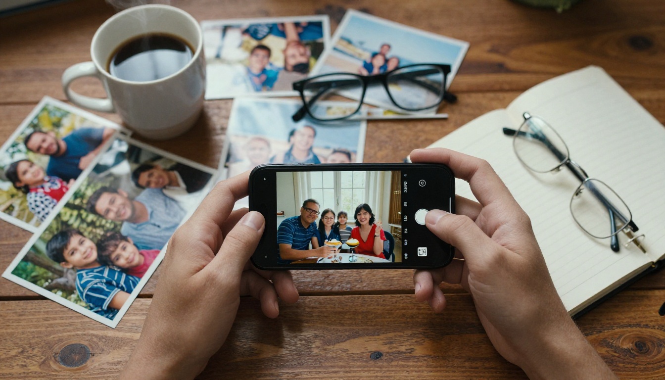 Hands holding a smartphone over a desk spread with printed travel photographs and a cup of coffee