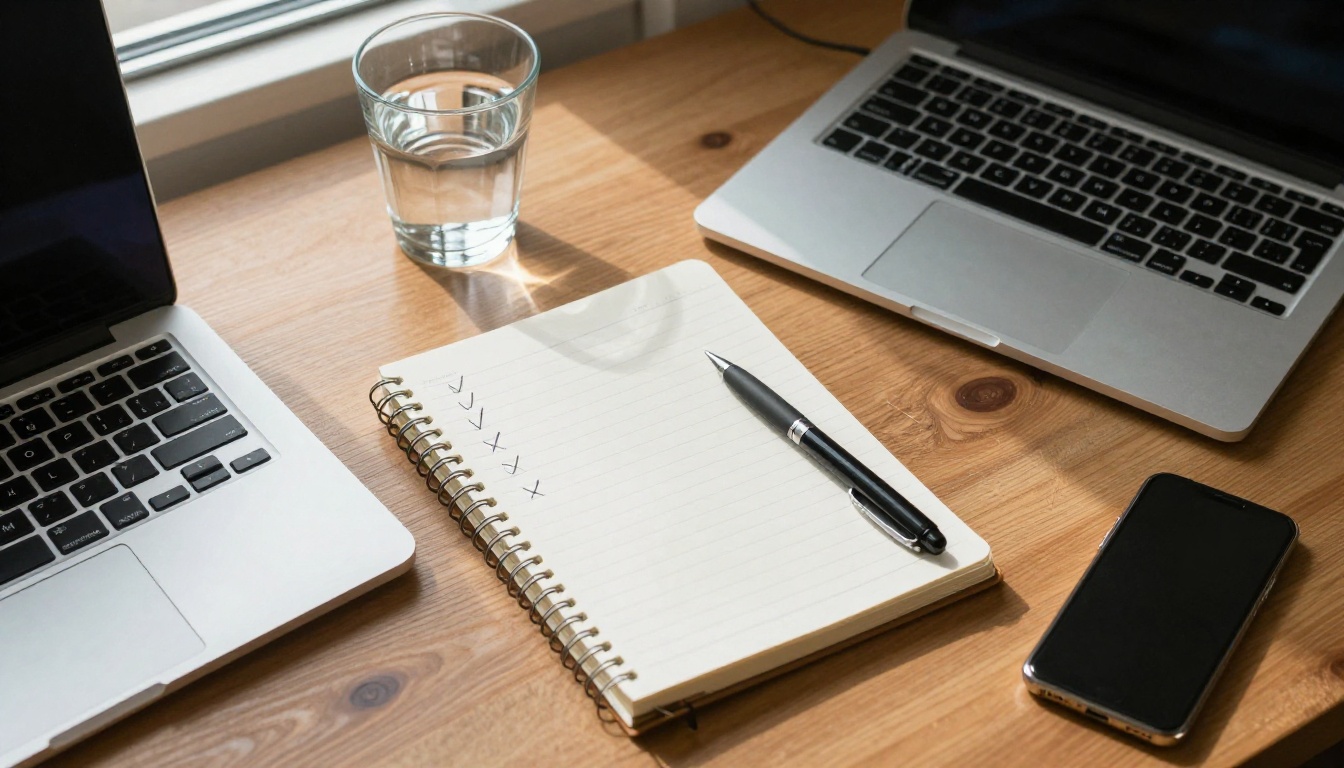 Top-down view of a tidy desk with a laptop, a notebook with tick marks and a smartphone