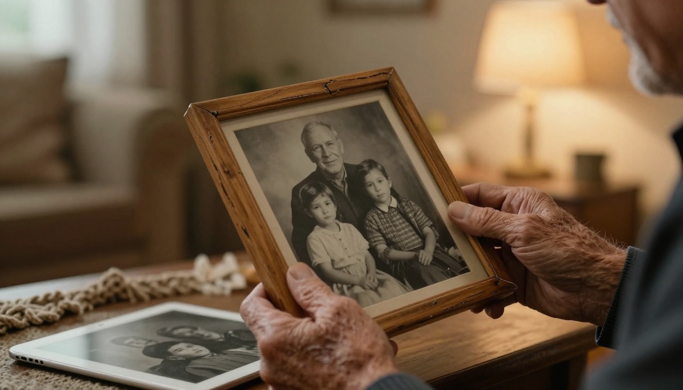 Weathered hands holding an old black and white family portrait in a cracked wooden frame beside a tablet