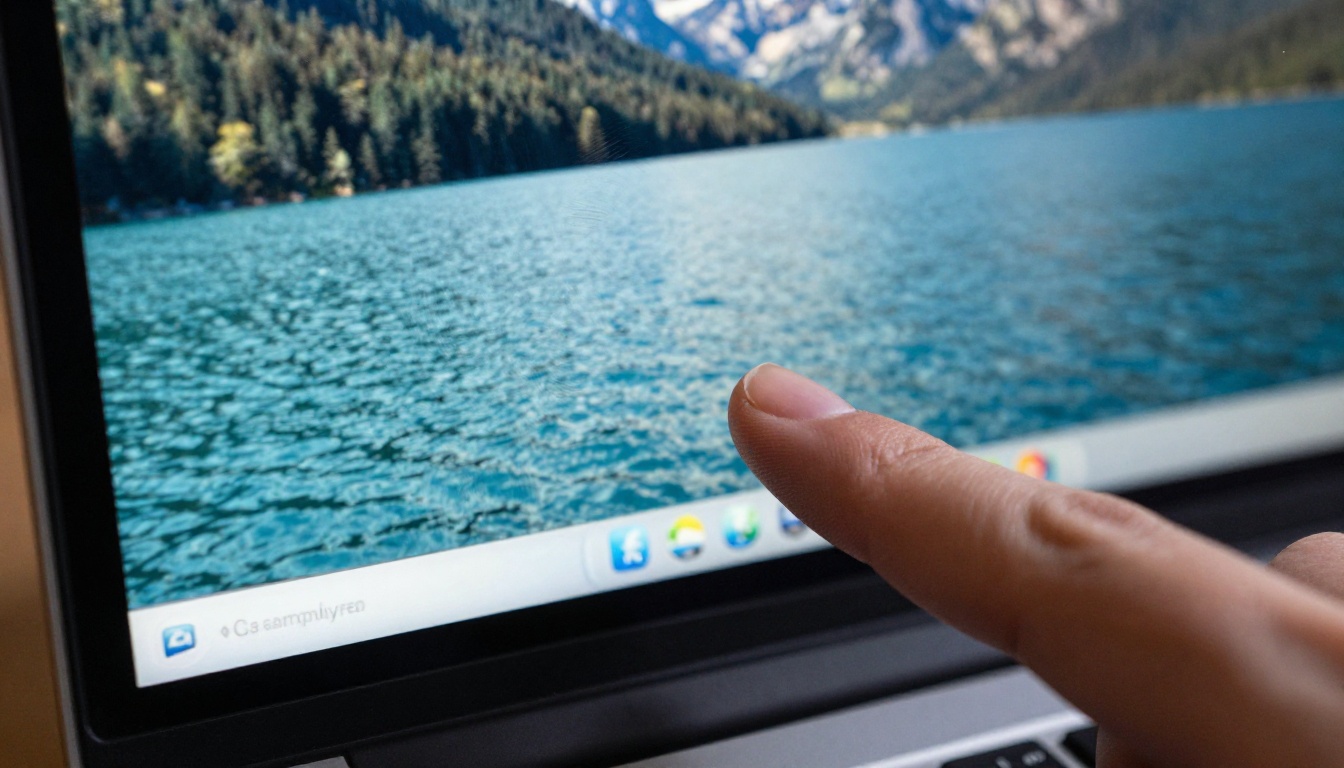 A fingertip hovering over the corner of a laptop screen showing a mountain lake video