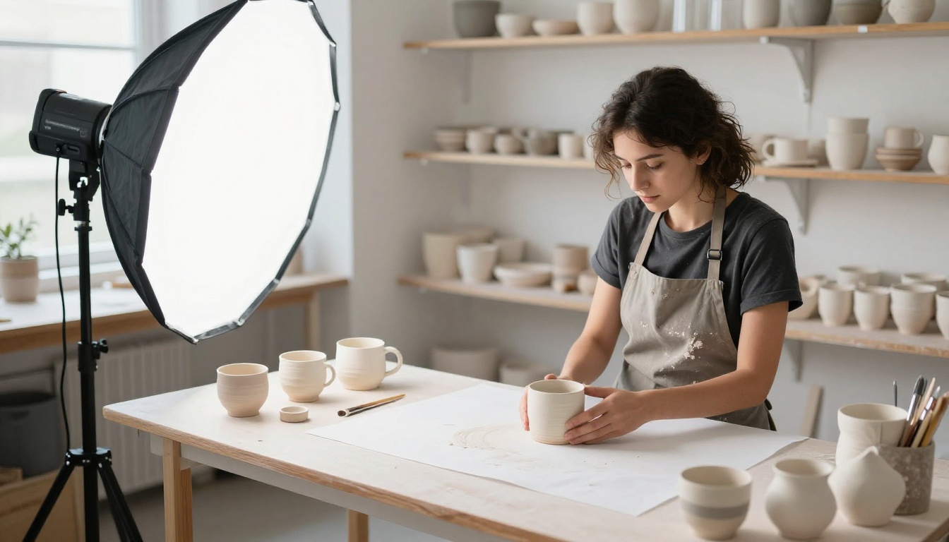 Small shop owner photographing a handmade ceramic mug on a white sweep with a softbox in a bright workshop