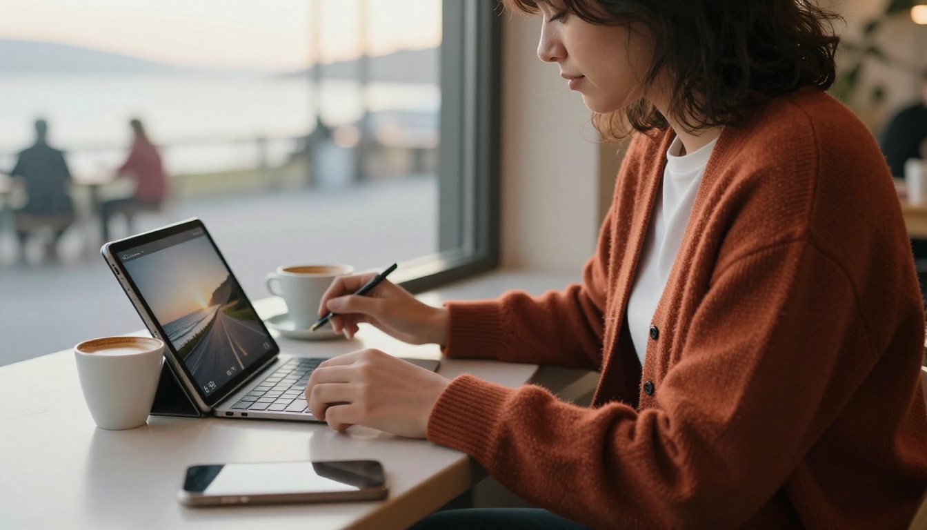 A social media manager reviewing three short vertical clips on a tablet at a cafe table