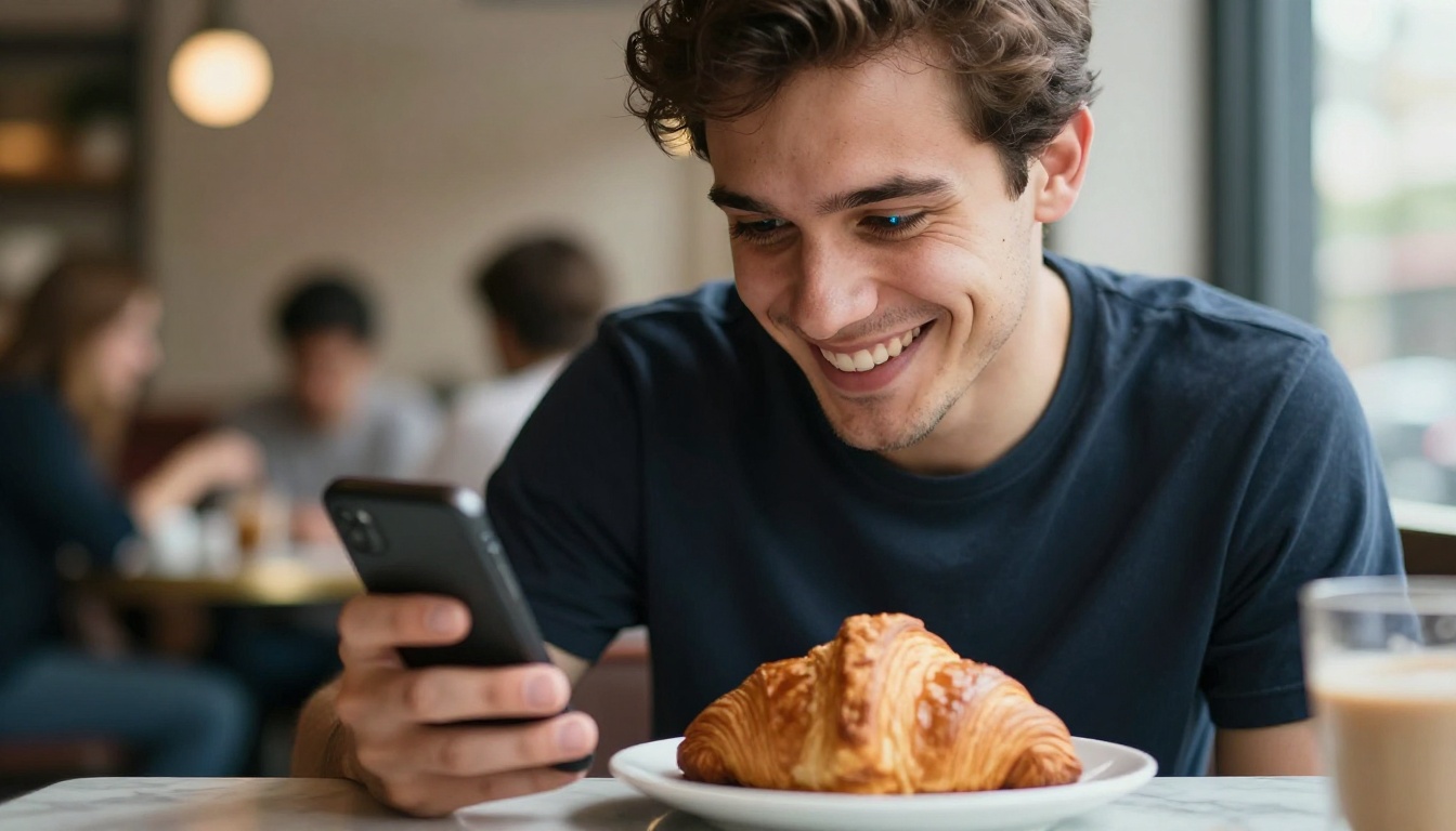Young man laughing at his phone in a sunlit corner café with a flat white and a croissant on the table