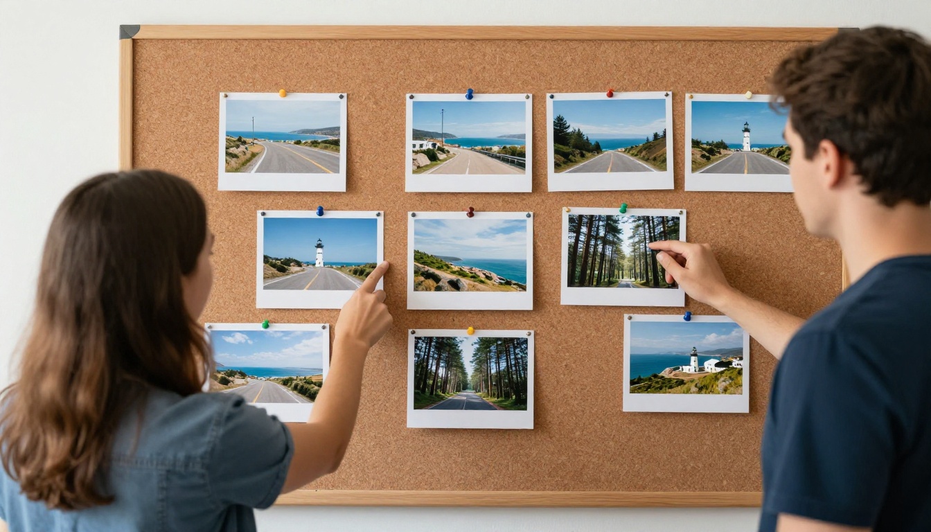 Two colleagues pinning printed photographs on a corkboard like a storyboard