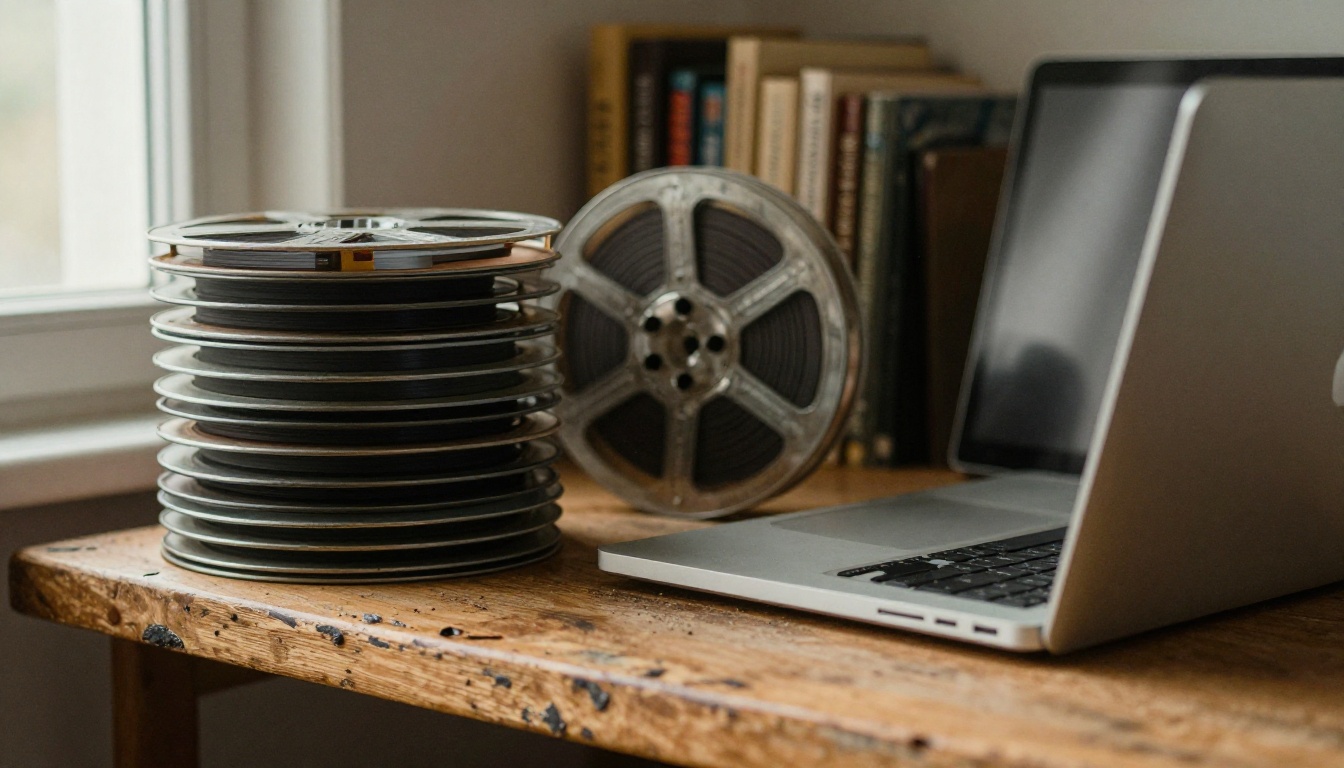 Old 16mm film reels in metal canisters beside a modern laptop on a wooden shelf