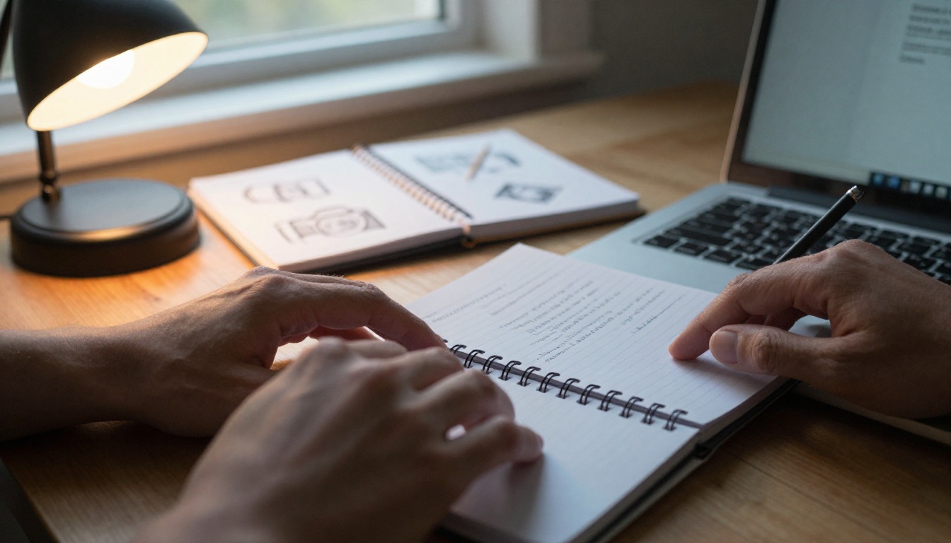 Hands typing a scene description on a laptop beside a notebook of camera angle sketches