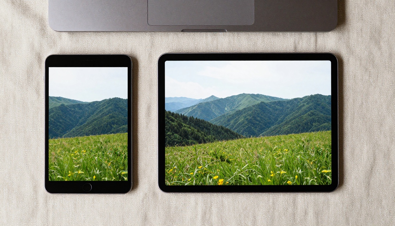 A smartphone, a tablet and a laptop on linen, each showing a different crop of one meadow