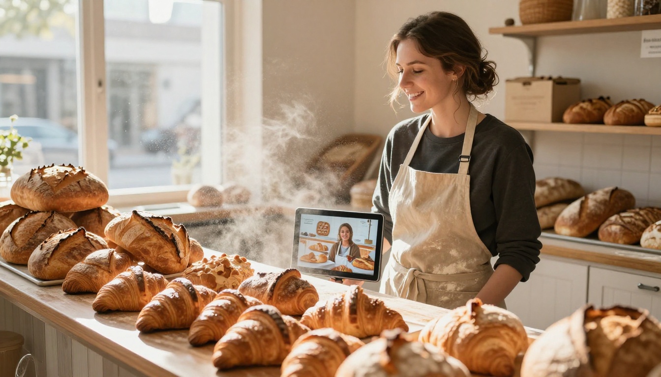 A bakery owner in a flour-dusted apron watching a promo clip of fresh loaves on a tablet