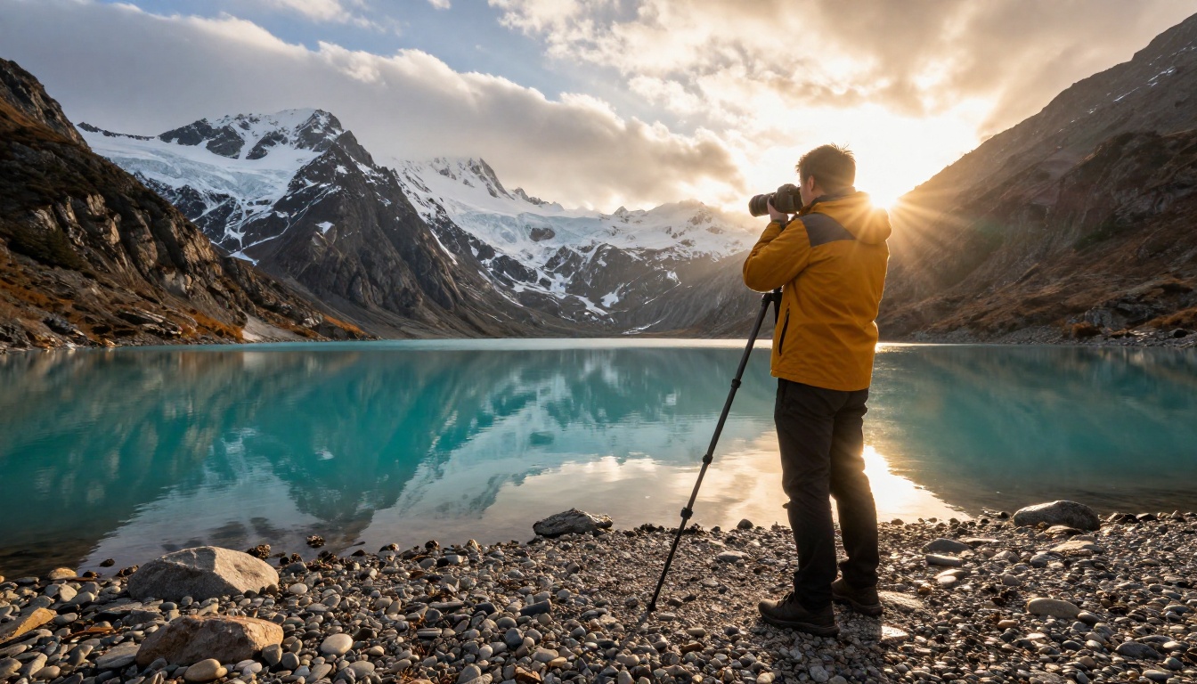 Photographer beside a tripod on the shore of an alpine lake at golden hour with snow-capped peaks reflected in still water