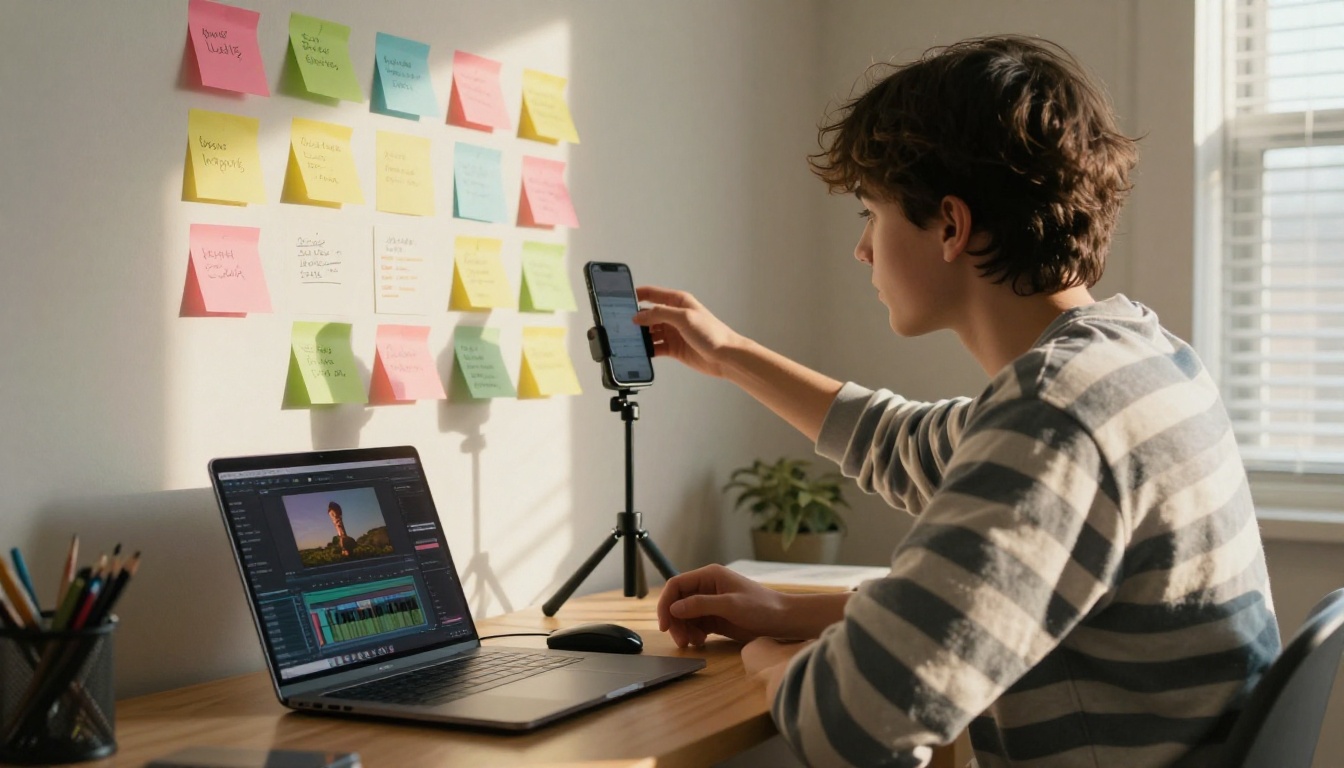 Teenage content creator at a bedroom desk with a phone on a tripod and a storyboard of sticky notes on the wall