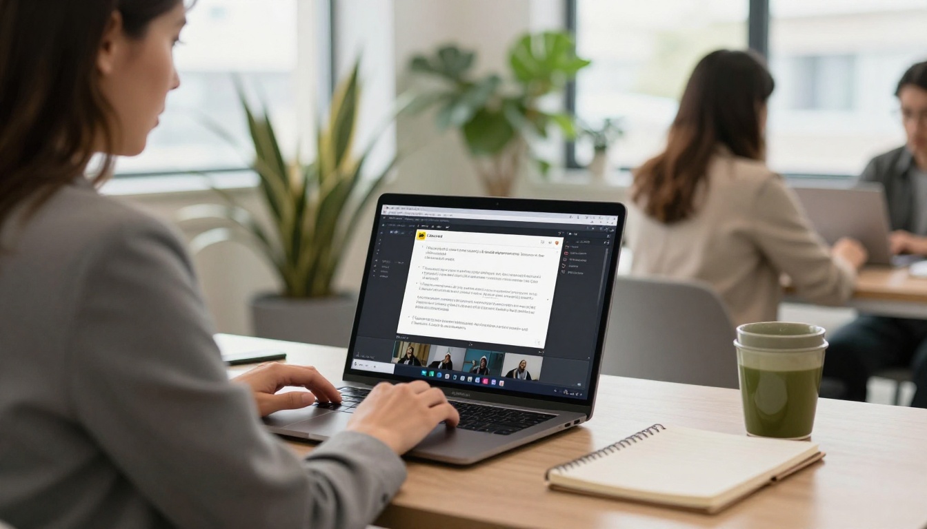 Woman in a gray blazer reviewing a finished clip on a laptop in a bright coworking space