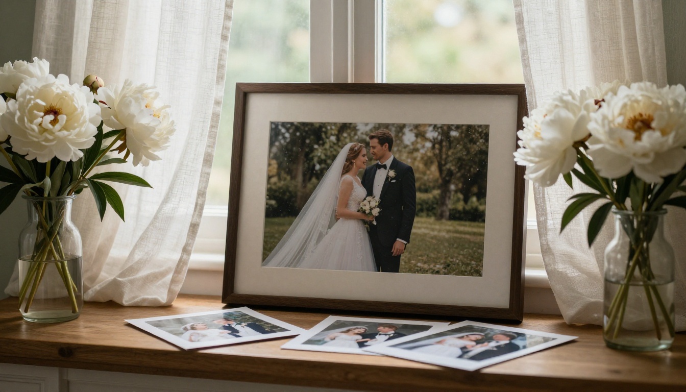 Framed wedding photographs on a wooden mantelpiece beside white peonies with linen curtains lifting in a breeze