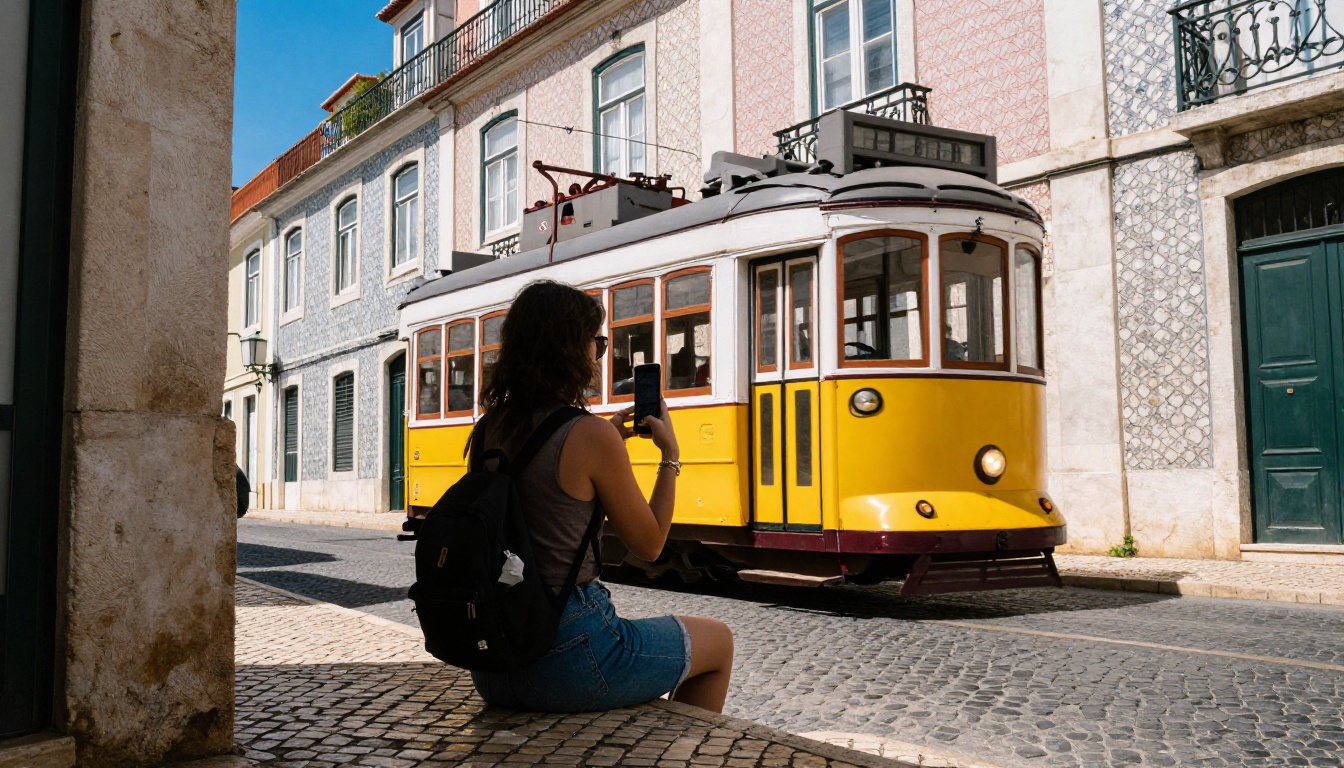 Travel blogger holding up her phone on a sunlit cobblestone lane in Lisbon with a yellow tram passing behind