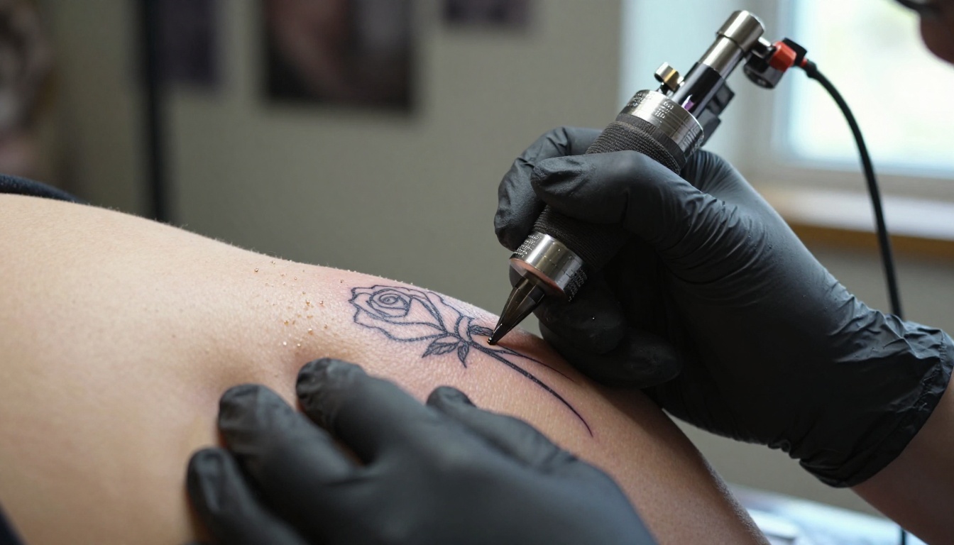 A tattoo artist's gloved hands guiding a rotary machine along a fine rose outline on a client's shoulder