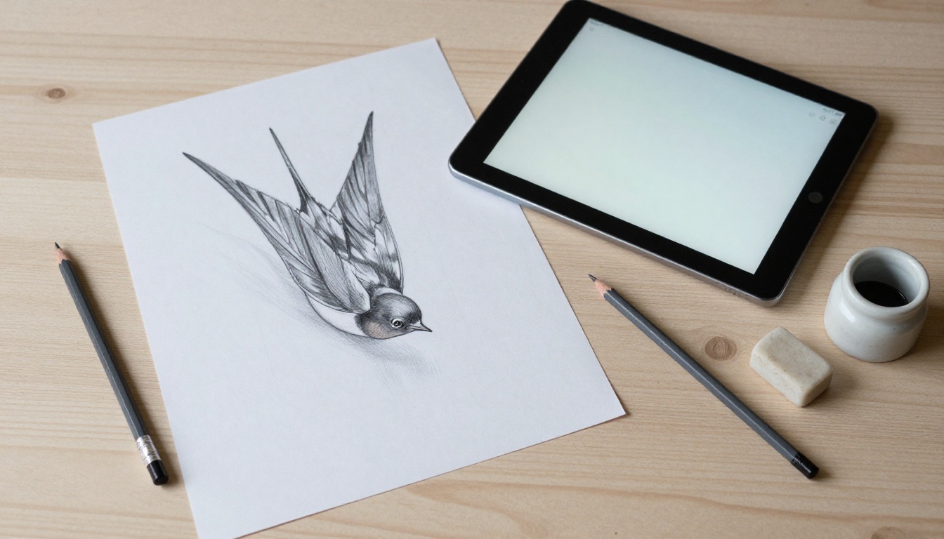 Overhead flat lay of a pencil swallow sketch, tracing paper and graphite pencils on an oak desk