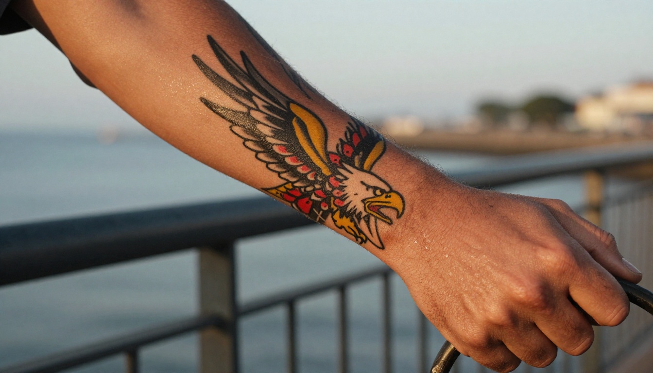 Low-angle view of a forearm with a bold traditional eagle tattoo gripping a steel railing at golden hour