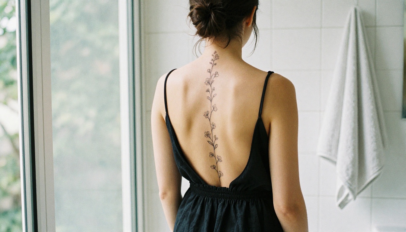 Rear view of a woman at a bathroom window with a long fine-line floral tattoo along her spine