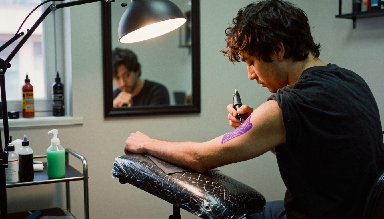 Tattoo artist pressing a purple stencil transfer onto a client's upper arm while the client watches in a mirror