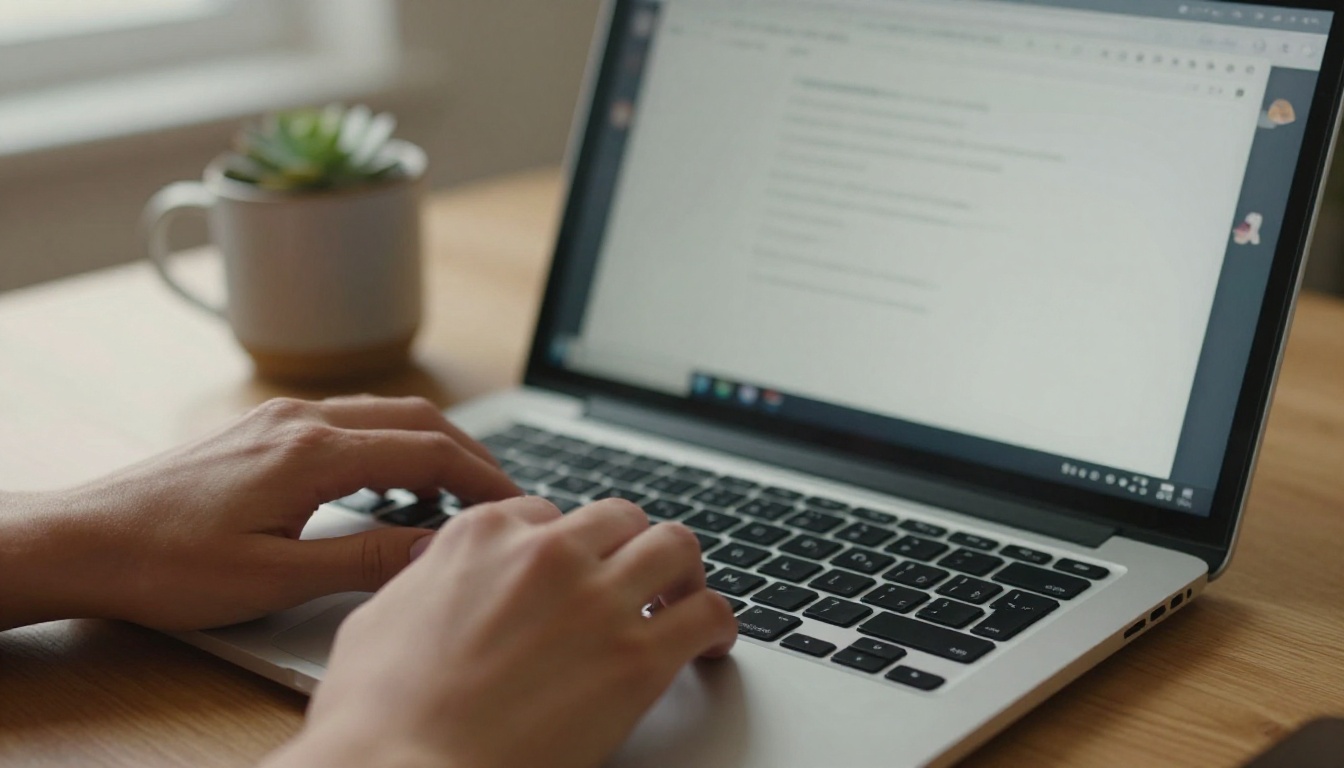 A woman's hands resting on a laptop in soft morning light, ready to type a prompt